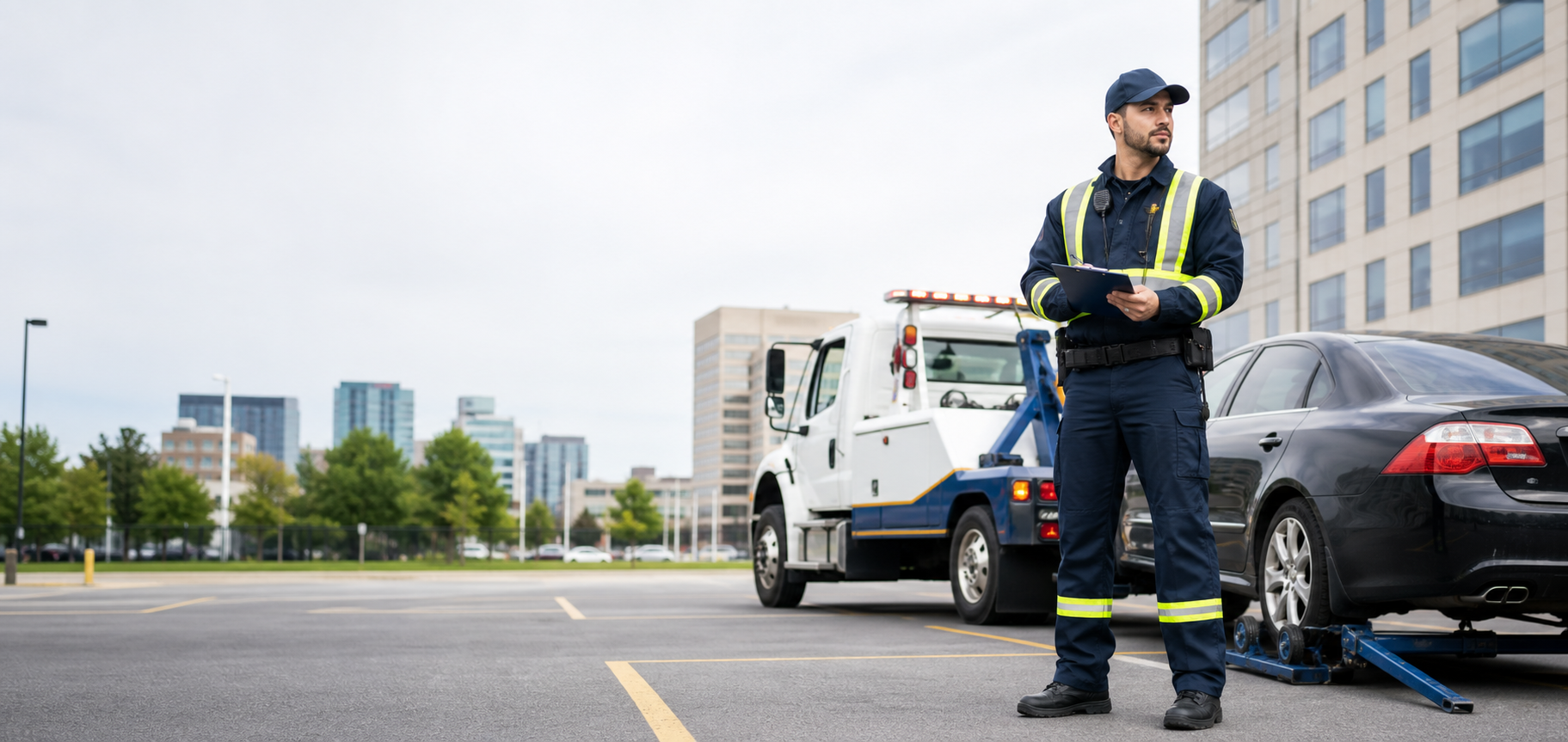 Parking enforcement officer beside a tow truck in a commercial parking lot